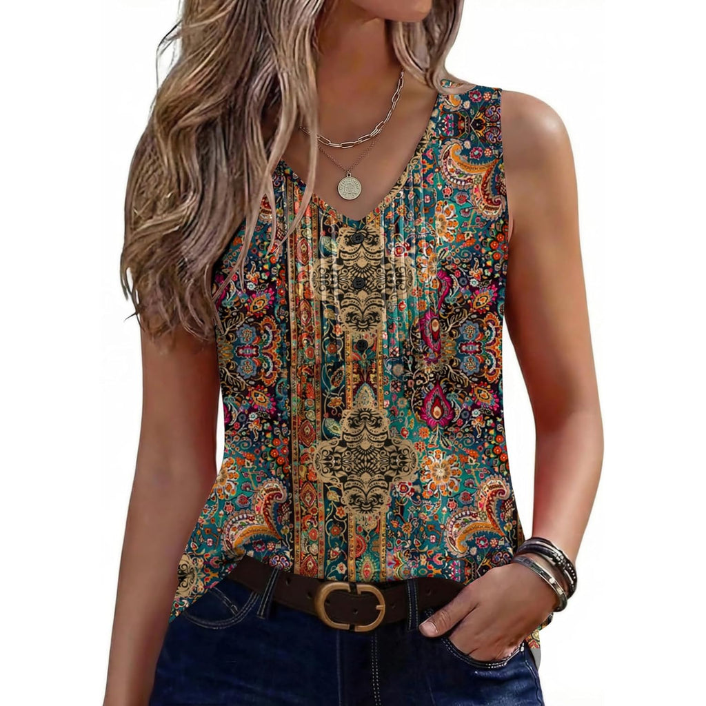 Womens Tank Tops Summer Sleeveless Pleated V Neck Tunic Shirts Loose Casual Button Flowy Boho Clothes S-3XL