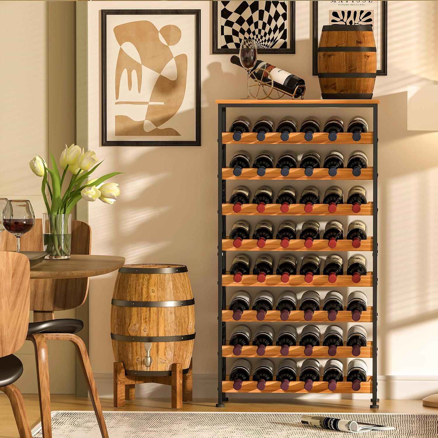 48 Bottle Wine Rack Freestanding Floor With Wood Top,8-Tier Wine Storage Shelf With Serving Station, Wine Holder For Kitchen, Bar, Dining Room, Home Bar Cabinet For Wine Bottles, No Wobble