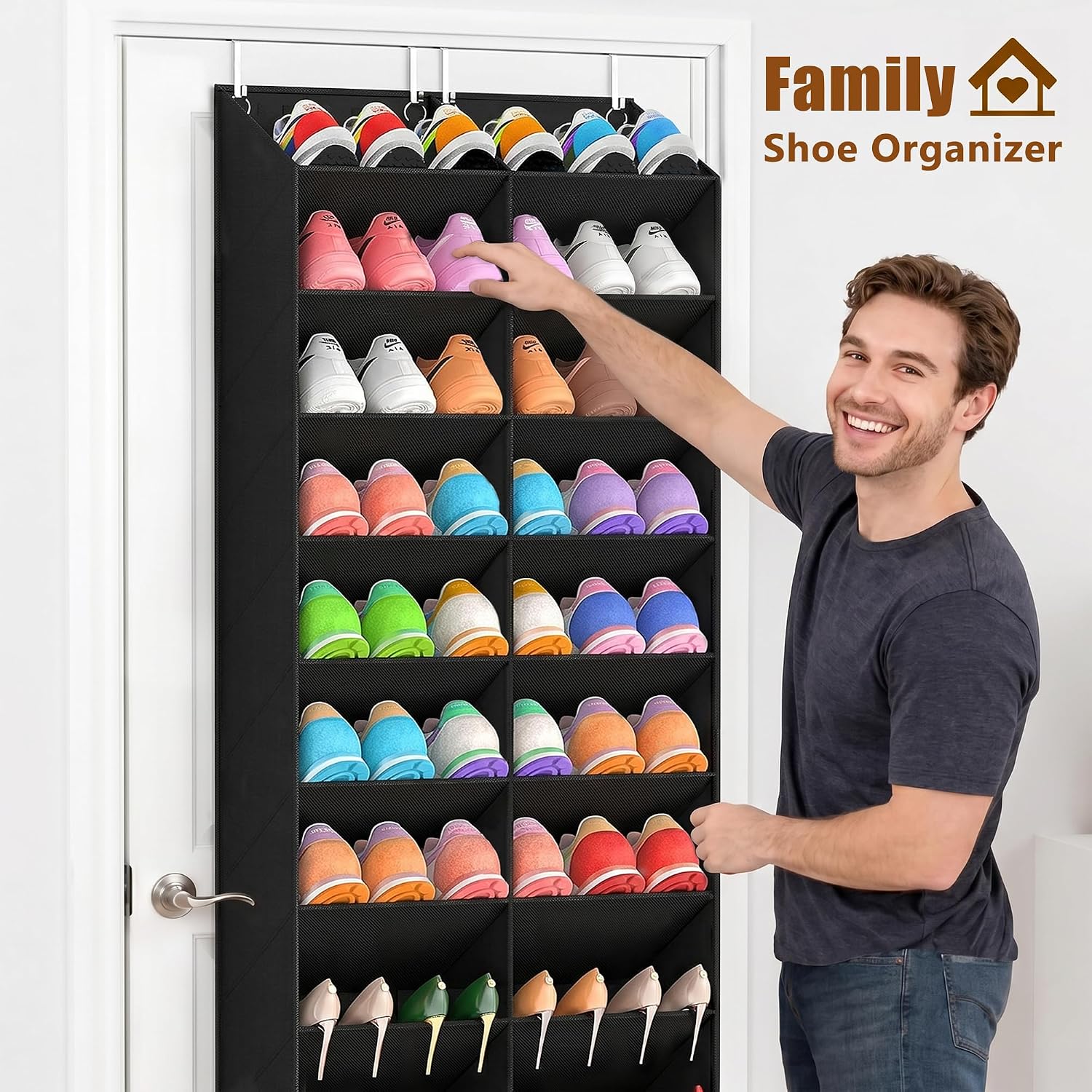 20-30 Pairs Over The Door Shoe Organizer, Breathable Pockets Hanging Shoe Storage For Closet, 10-Tier Door Shoes Rack, Handing Shoes Holder Fit All The Family'S Sneakers, Boots, Heels, Black