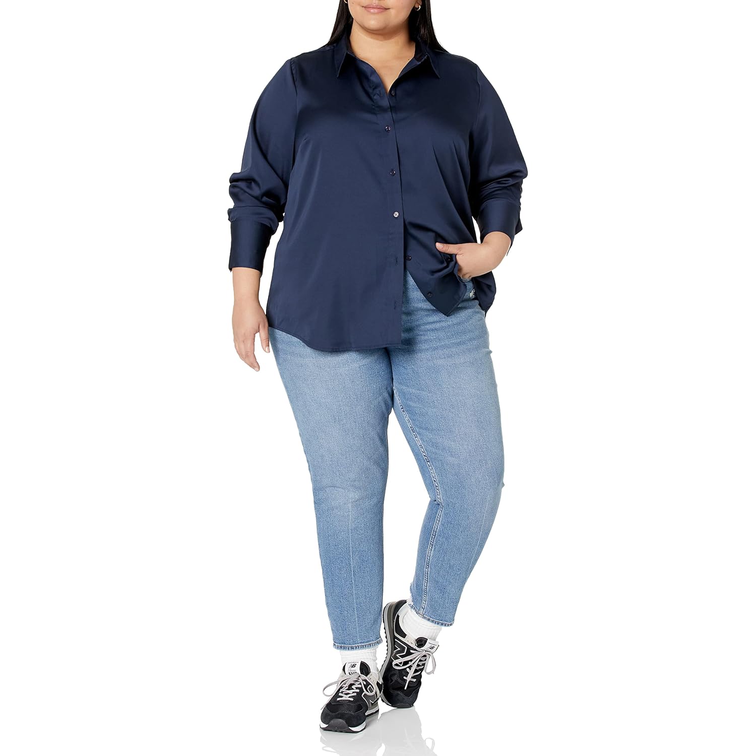 Women's Regular-Fit Long Sleeve Satin Button Down Blouse, Dressy Business Casual