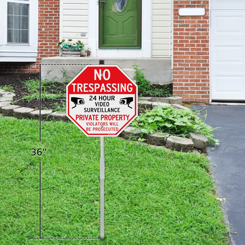 T&R Large No Trespassing Private Property Sign Video Surveillance Sign With 36" Stake For Outside - 2 Pack - 12"X12" .040 Rust Free Heavy Aluminum, Reflective, Waterproof, Weatherproof And Fade