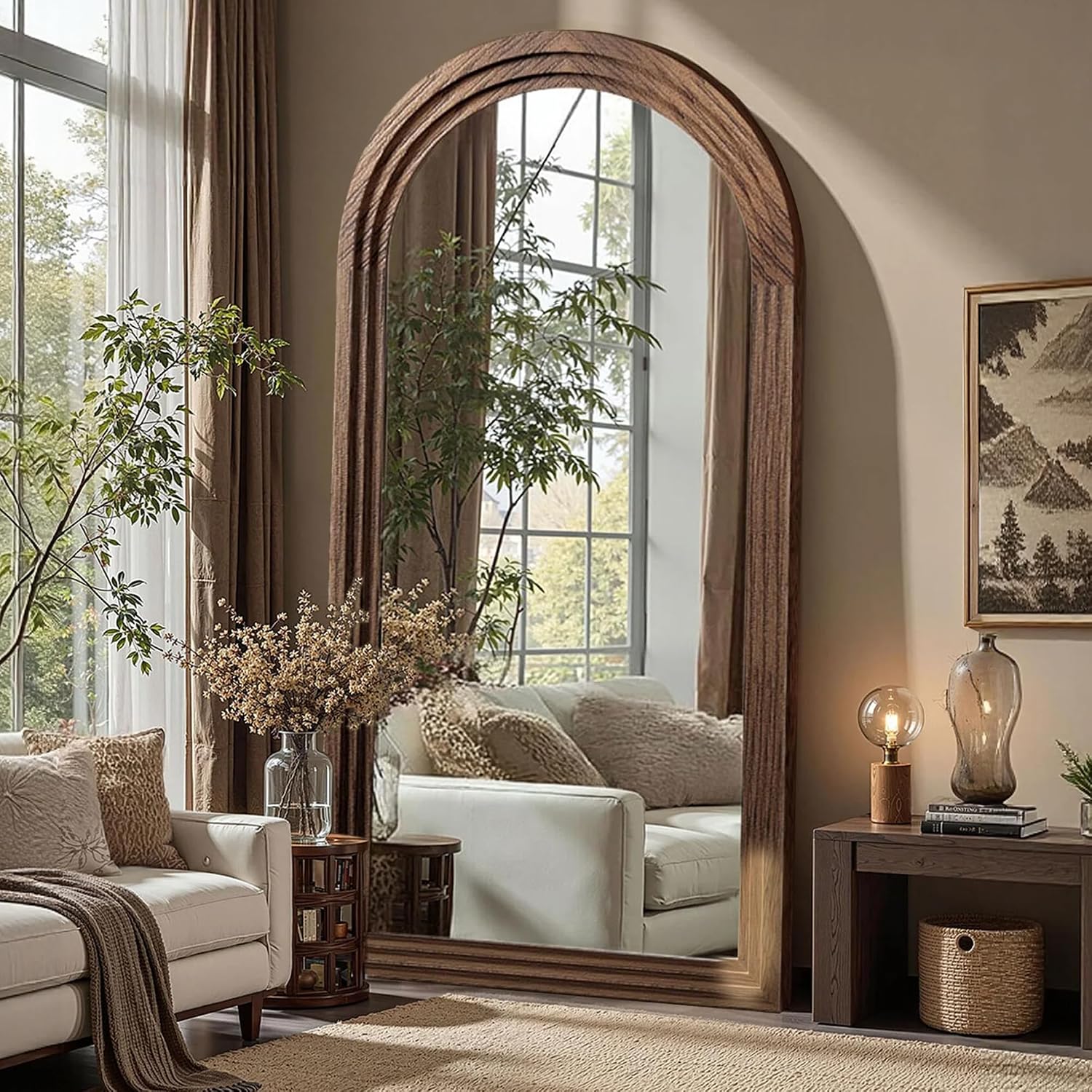 Arched Full Length Floor Mirror With Stand, 75X35 Rustic Farmhouse Solid Wood Frame Wall Mirror For Bedroom, Living Room, Vertical Hanging & Standing(Brown)