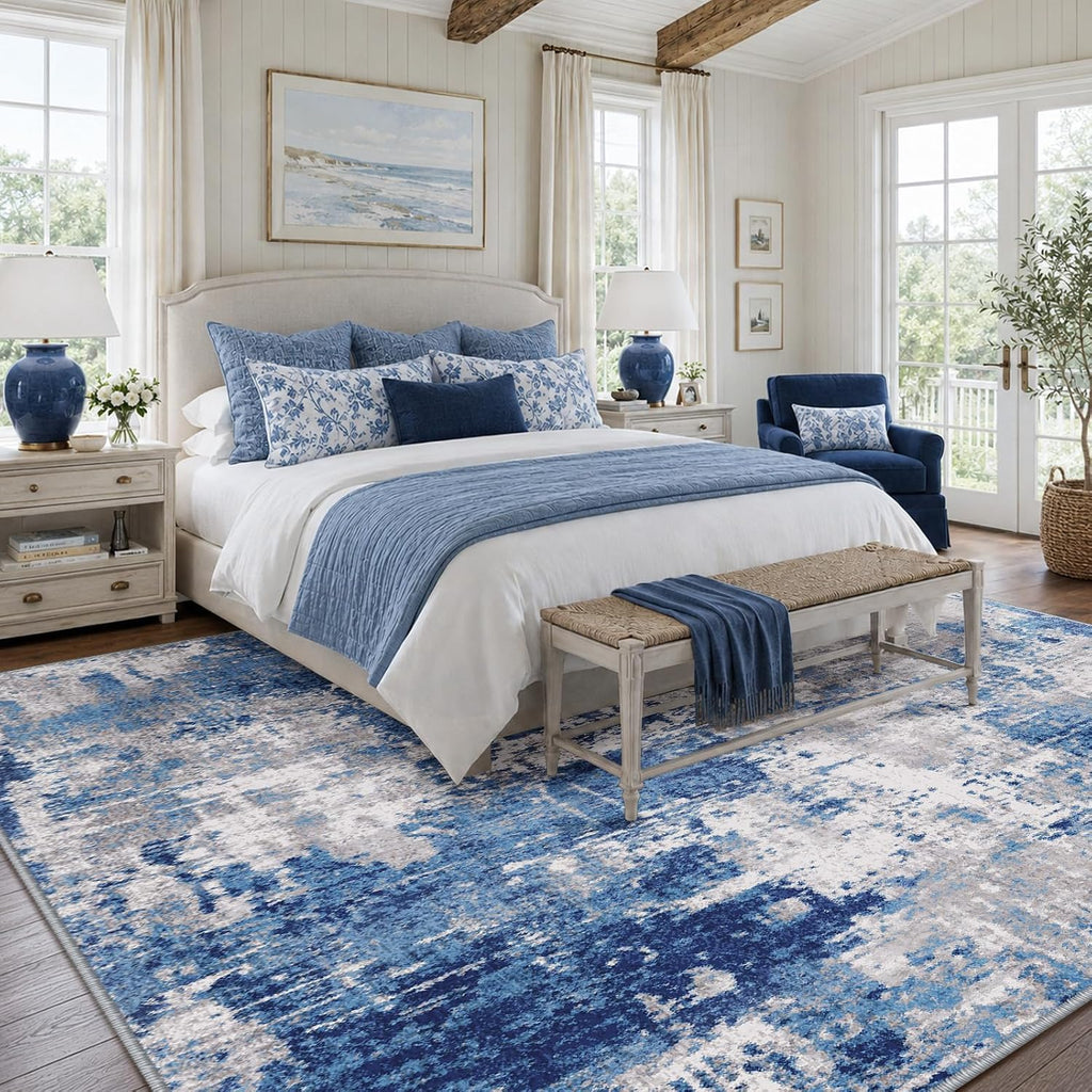 Releany Washable Area Rugs 5'X7' Non-Slip Modern Abstract Soft For Living Room Entryway Bedroom Kitchen, Print Pattern, Blue Grey Navy Gray