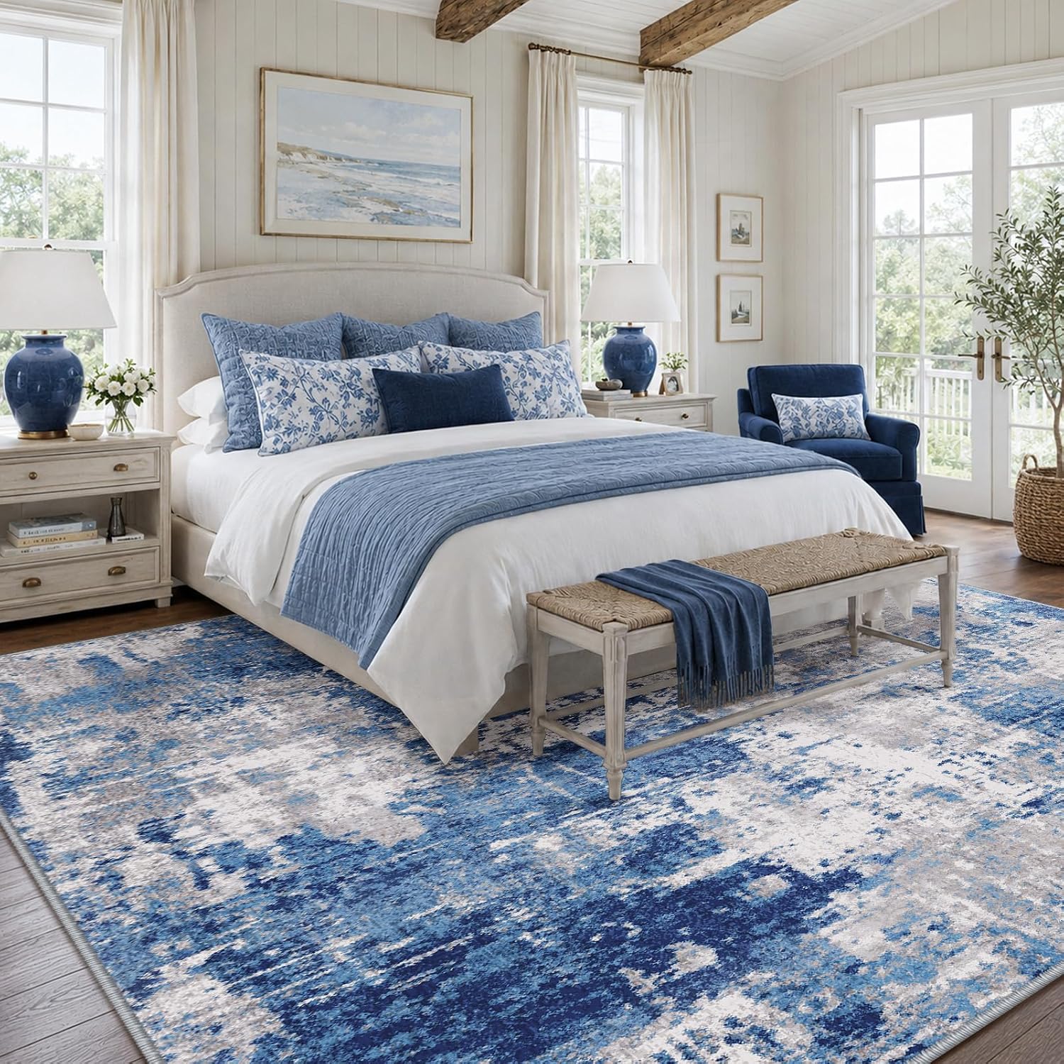 Releany Washable Area Rugs 5'X7' Non-Slip Modern Abstract Soft For Living Room Entryway Bedroom Kitchen, Print Pattern, Blue Grey Navy Gray