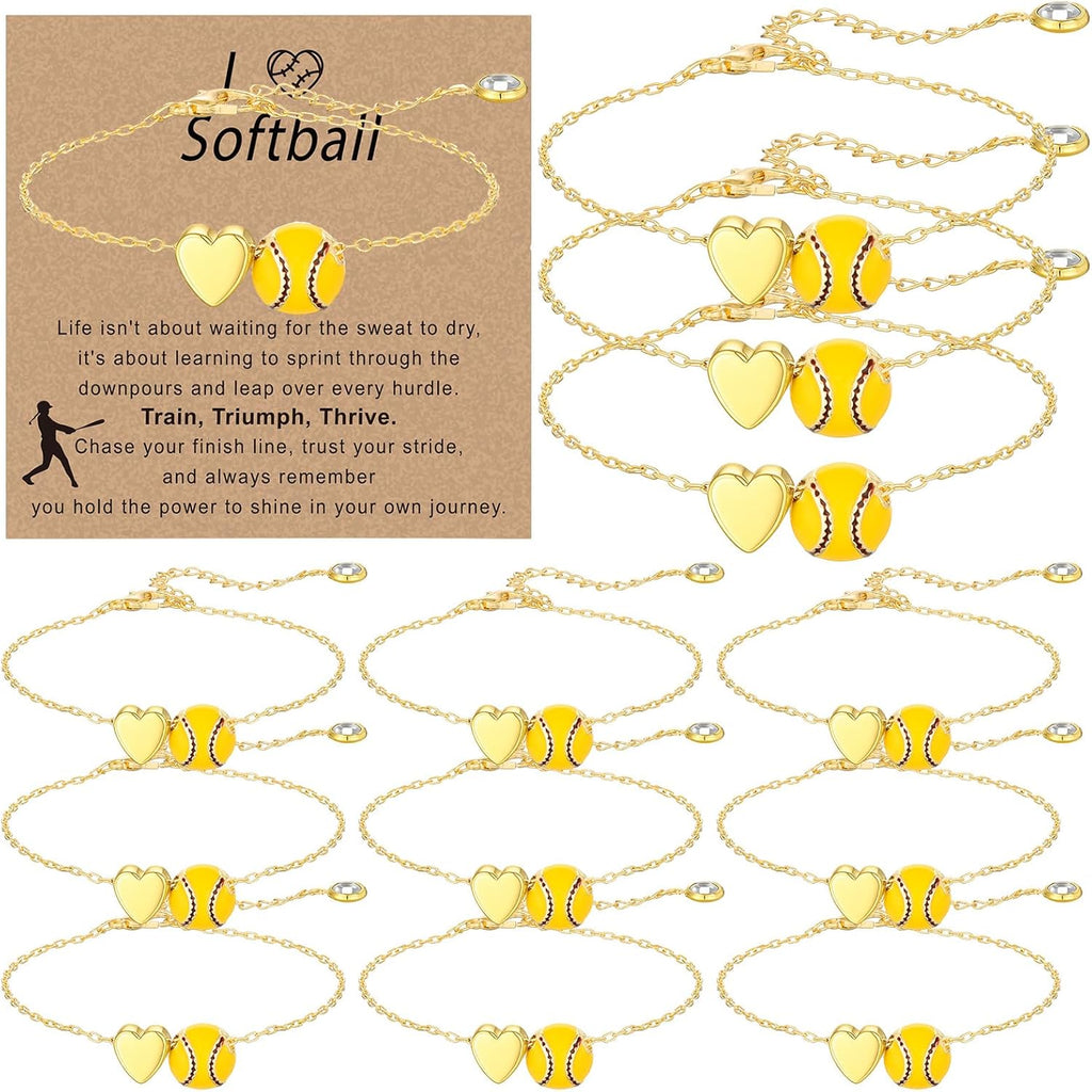 Tondiamo 12 Sets Baseball Volleyball Softball Soccer Tennis Bracelet for Women Dainty Gold Plated Heart Bracelets Sport Lovers Gifts with Inspirational Cards Sports Jewelry Gifts