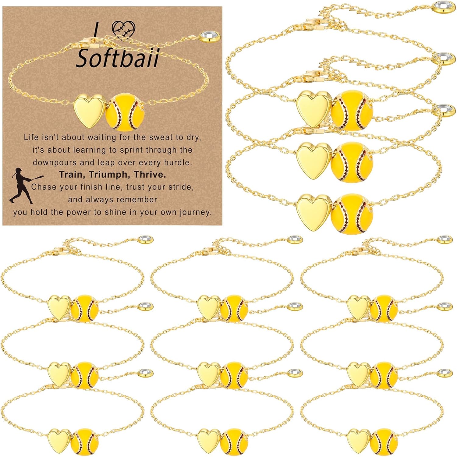 Tondiamo 12 Sets Baseball Volleyball Softball Soccer Tennis Bracelet for Women Dainty Gold Plated Heart Bracelets Sport Lovers Gifts with Inspirational Cards Sports Jewelry Gifts
