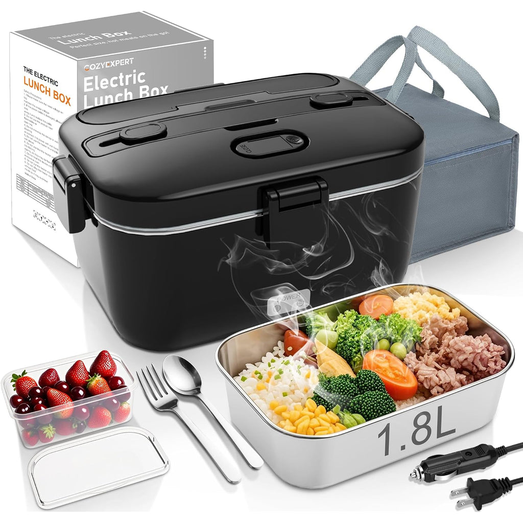 Electric-Lunch-Box-Heated-Food-Warmer 100W Heating Lunchbox For Adults 1.8L Portable Food Heater For Work/Car, 12V/24V/110-230V Lonchera Eléctrica Portátil With Fork Spoon (Black)
