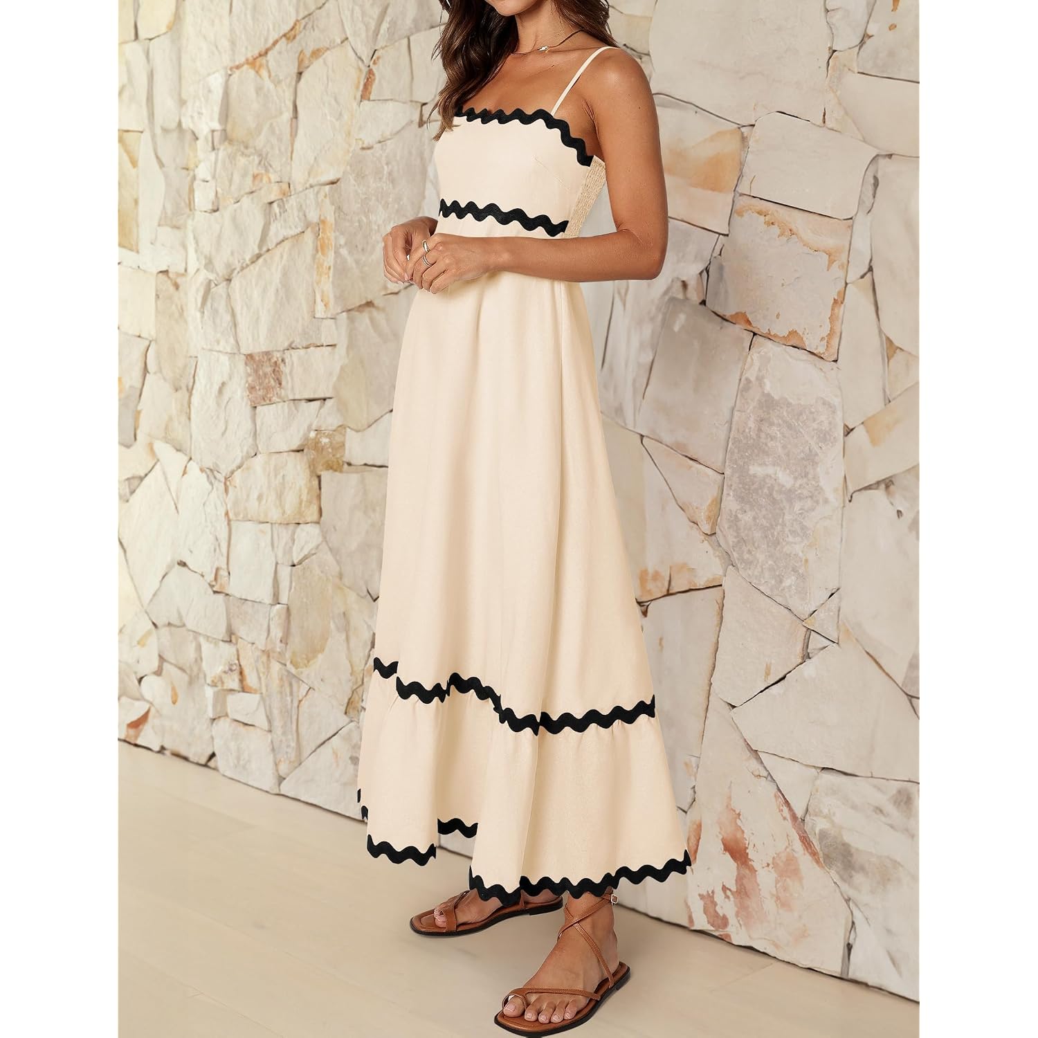 Zesica Women'S 2026 Summer Spaghetti Straps Sleeveless Backless Sundress Flowy Smocked Lace Swing A Line Midi Dress