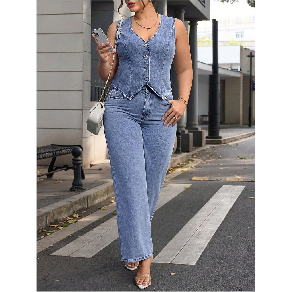 Floerns Women'S Plus Size Sleeveless Vest Denim Jacket Button Front V Neck Waistcoat