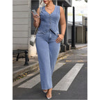 Floerns Women'S Plus Size Sleeveless Vest Denim Jacket Button Front V Neck Waistcoat