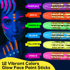 12 PCS Glow Face & Body Paint, Glow in the Blacklight Makeup Neon Face Paint for Halloween Birthday Party