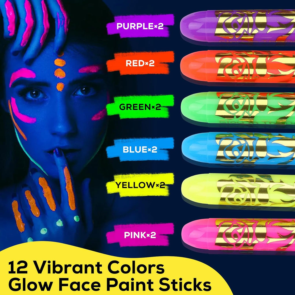 12 PCS Glow Face & Body Paint, Glow in the Blacklight Makeup Neon Face Paint for Halloween Birthday Party