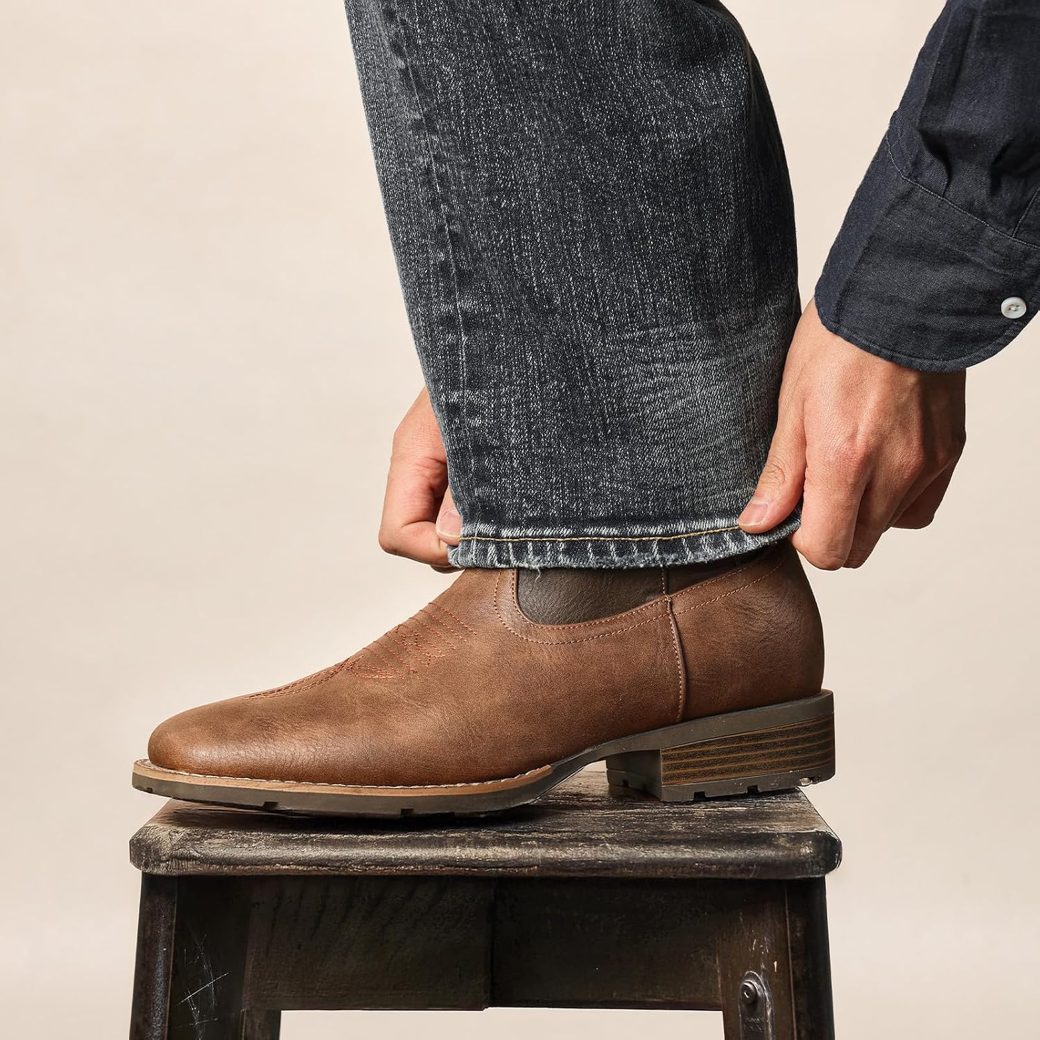 Cowboy Boots For Men - Western Men'S Boots With Classic Embroidered, Slip On Square Toe Boots, Slip Resistant Country Boots Chunky Heel Ankle, Durable Short Boots For Spring Fall