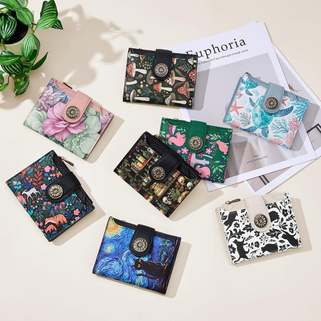 Celestial Moon Small Rfid Wallet Women, Pu Leather Bifold Zipper Coin Pocket Compact Cash Credit Card Holder Purse, Cute Travel Wallet For Female Ladies Teen Girls, 4 Id Window 14 Card Slots