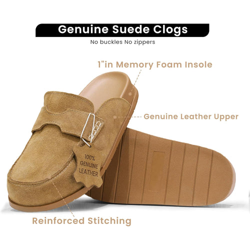 100% Genuine Leather Women's Suede Clogs Slip On Mules with Memory Foam Arch Support & Non-Slip Sole Platform Shoes
