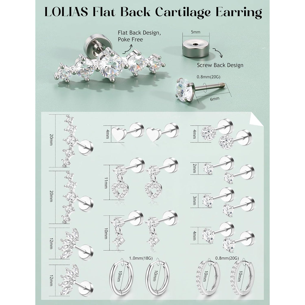 LOLIAS Hypoallergenic Flat Back Earrings for Women Cartilage Earrings Stacks-20G Surgical Stainless Steel Flatback Stud Hoop Earring Set Daith Conch Tragus Helix Piercing Jewelry