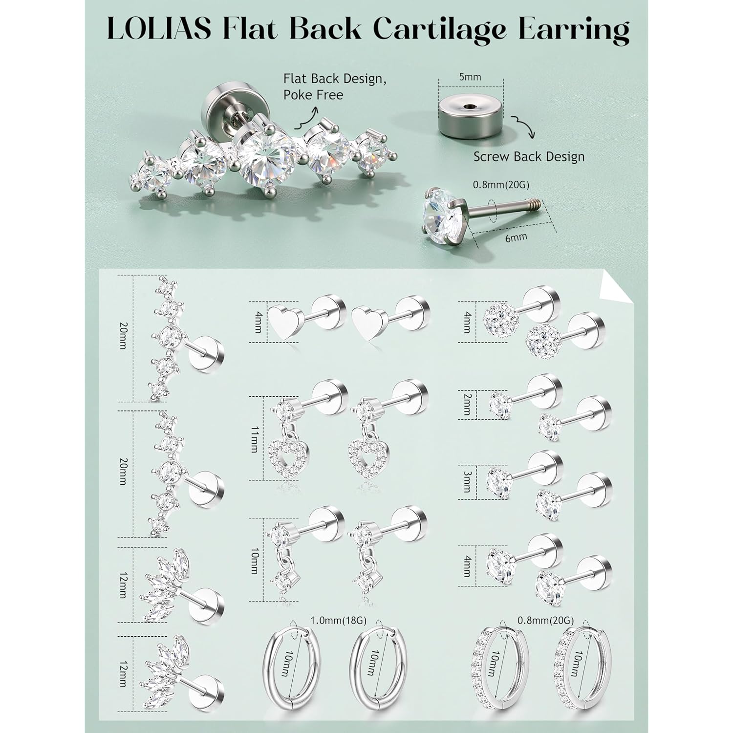LOLIAS Hypoallergenic Flat Back Earrings for Women Cartilage Earrings Stacks-20G Surgical Stainless Steel Flatback Stud Hoop Earring Set Daith Conch Tragus Helix Piercing Jewelry