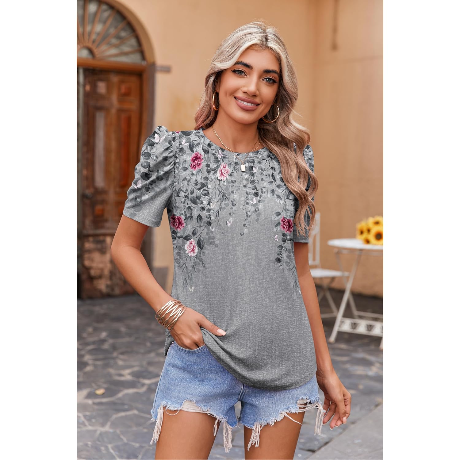Zeagoo Blouse For Women Dressy Casual Puff Short Sleeve Boho Tops Fashion Floral Crew Neck Tunic Shirts Summer Clothes
