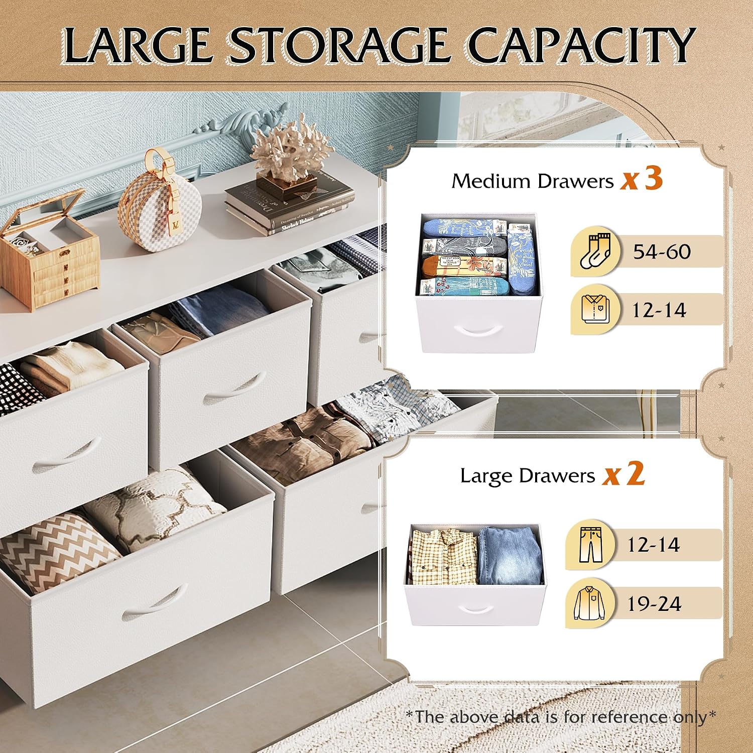 Wlive Dresser For Bedroom With 5 Drawers, Wide Chest Of Drawers, Fabric Dresser, Storage Organization Unit With Fabric Bins For Closet, Living Room, Hallway, White