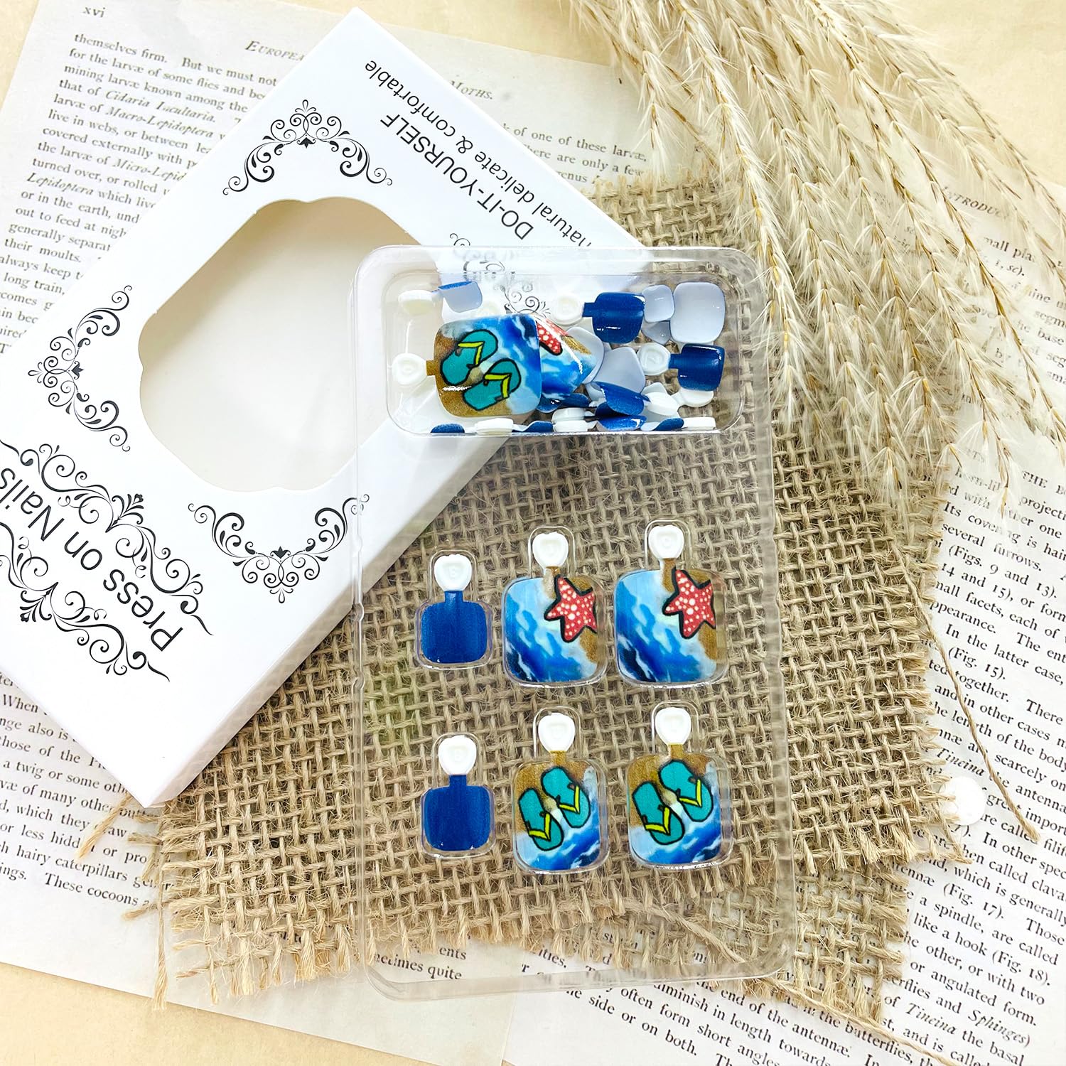 Summer Press on Toenails Short Square Blue False Toe Nails Cute Starfish Glue ons Toe Nail Sea Wave Glossy Acrylic Pressed on Fake Toenails Decorations Reusable for Women