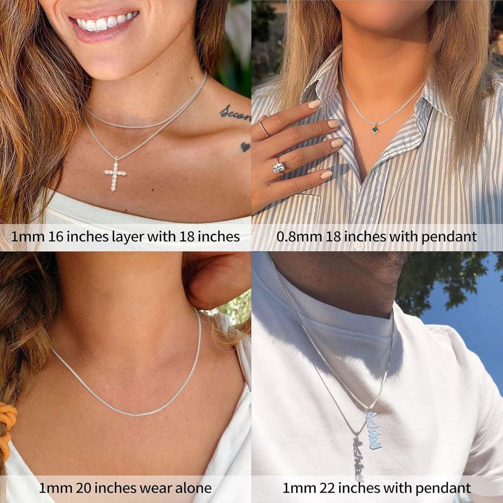 ASHINE 925 Sterling Silver Box Chain Necklace for Women, 1mm 0.8mm Replacement Link Chain for Pendants, Dainty & Sturdy Necklace Available in 16-36 Inch