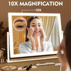 Rolove Lighted Makeup Mirror 16.3"X12.6", Hollywood Vanity Mirror With 10X Magnifier, 3 Color Led Lighting Modes, Smart Touch Control & 360° Rotation, Tabletop Makeup Mirror (White, Gift Ready)