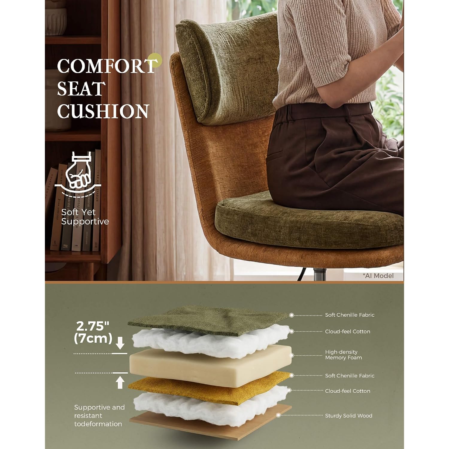 Comhoma Home Office Desk Chairs With Ergonomic Curved Backrest, Mid Century Modern Vanity Chair With Wheel For Bedroom, Chenille Upholstered, Green