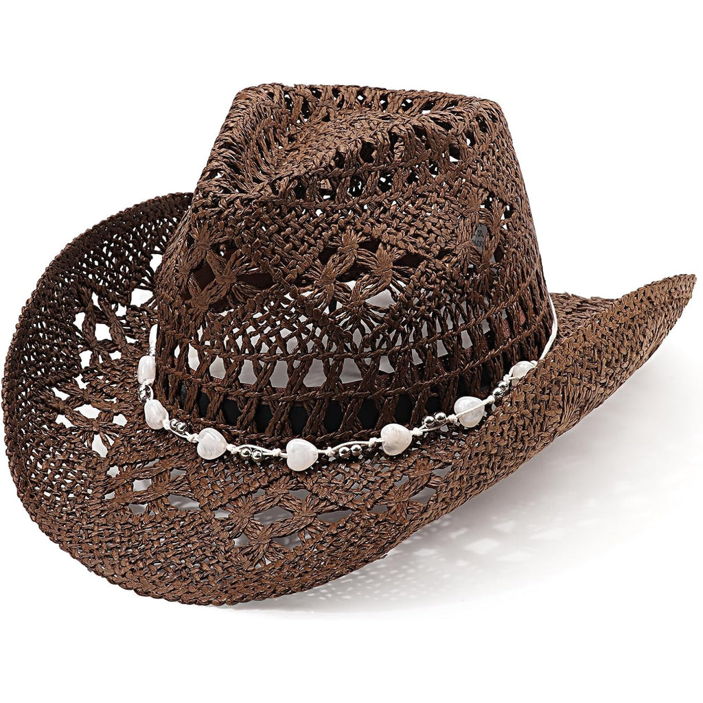 Dreshow Straw Cowboy Cowgirl Hat For Women Men Western Coastal Cowboy Beach Hat With Shapeable Brim Unisex Rolled Up Caps