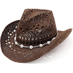 Dreshow Straw Cowboy Cowgirl Hat For Women Men Western Coastal Cowboy Beach Hat With Shapeable Brim Unisex Rolled Up Caps