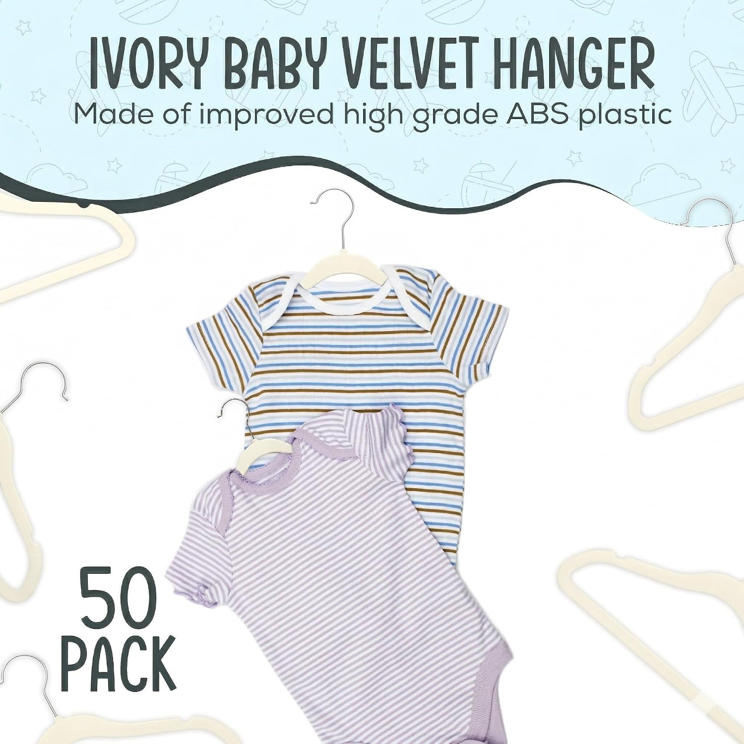 50 Premium Baby Velvet Hangers - 11.8" Non-Slip, Ultra-Slim Space-Saving Children Closet Hangers - 360° Swivel Hook, Strong & Durable Infant & Toddler Clothes Hangers For Wardrobe - Ivory
