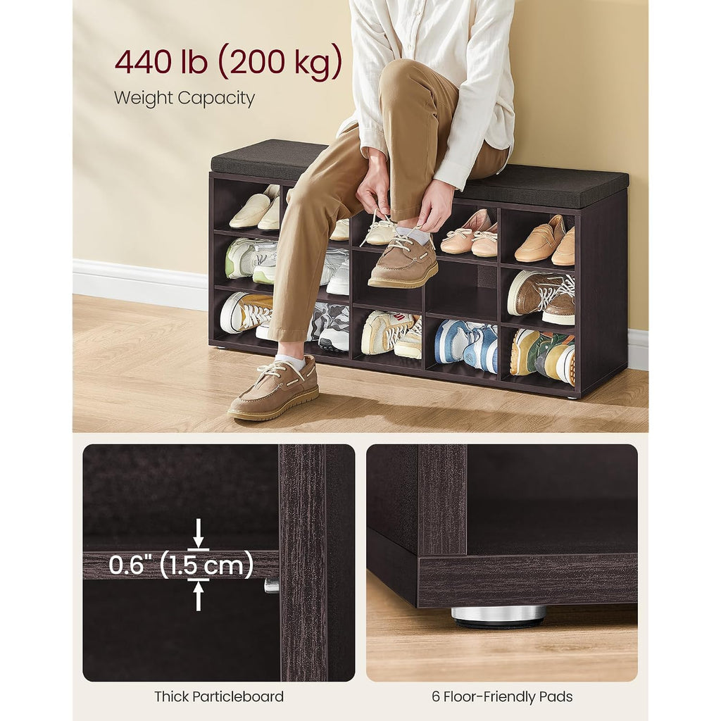 Vasagle Custos Collection - Shoe Bench, Storage Bench With Padded Seat, Entryway Bench With 15 Compartments, For Bedroom, 11.8 X 41.3 X 18.9 Inches, Espresso Brown And Chestnut Brown Ulhs15Br