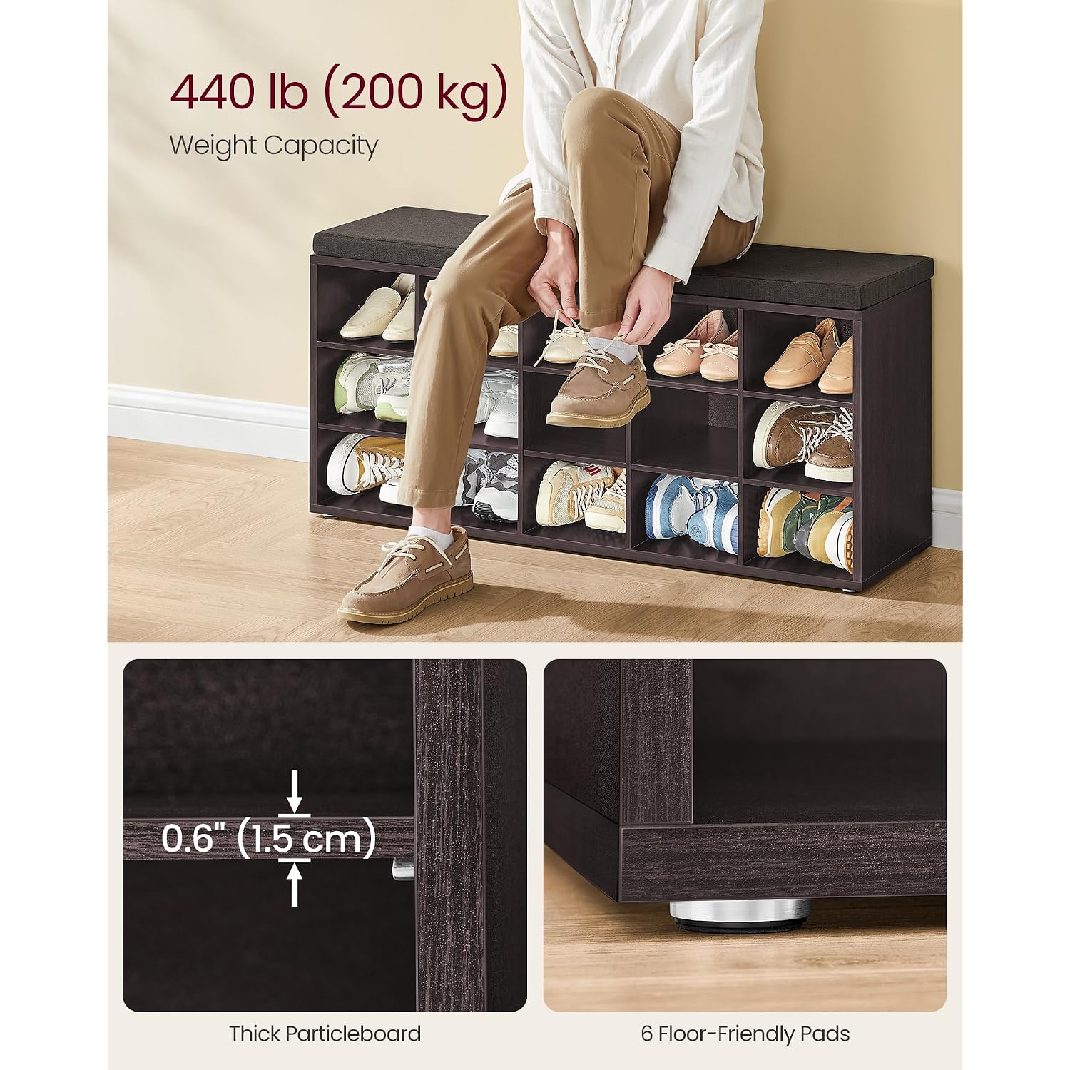 Vasagle Custos Collection - Shoe Bench, Storage Bench With Padded Seat, Entryway Bench With 15 Compartments, For Bedroom, 11.8 X 41.3 X 18.9 Inches, Espresso Brown And Chestnut Brown Ulhs15Br