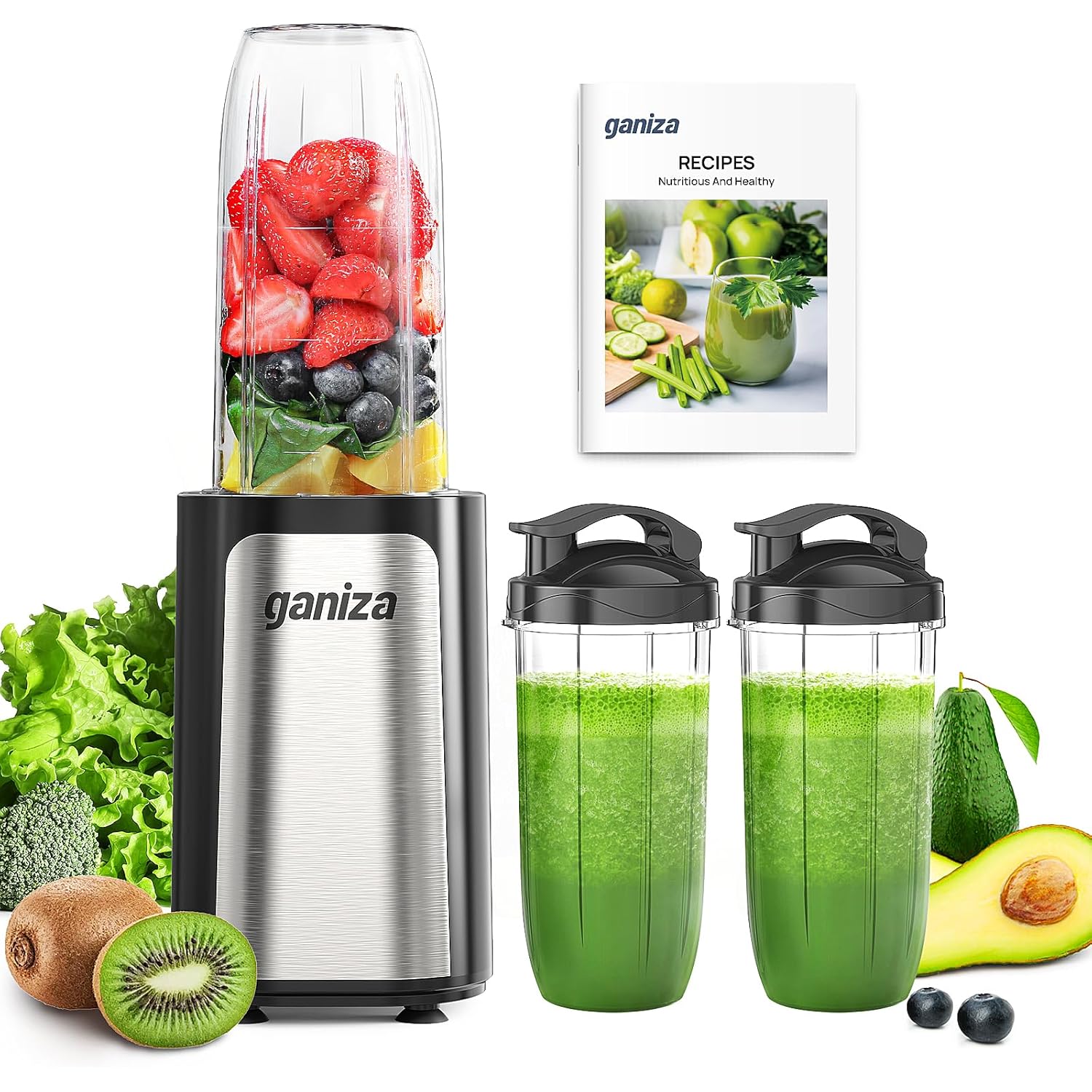 Ganiza Blender for Smoothies, 14Pcs Personal Blender for Shake and Smoothies for Kitchen with 3 Portable Cups (1x24oz & 2X17oz), Single Serve Smoothie Maker, Nutritious Recipe