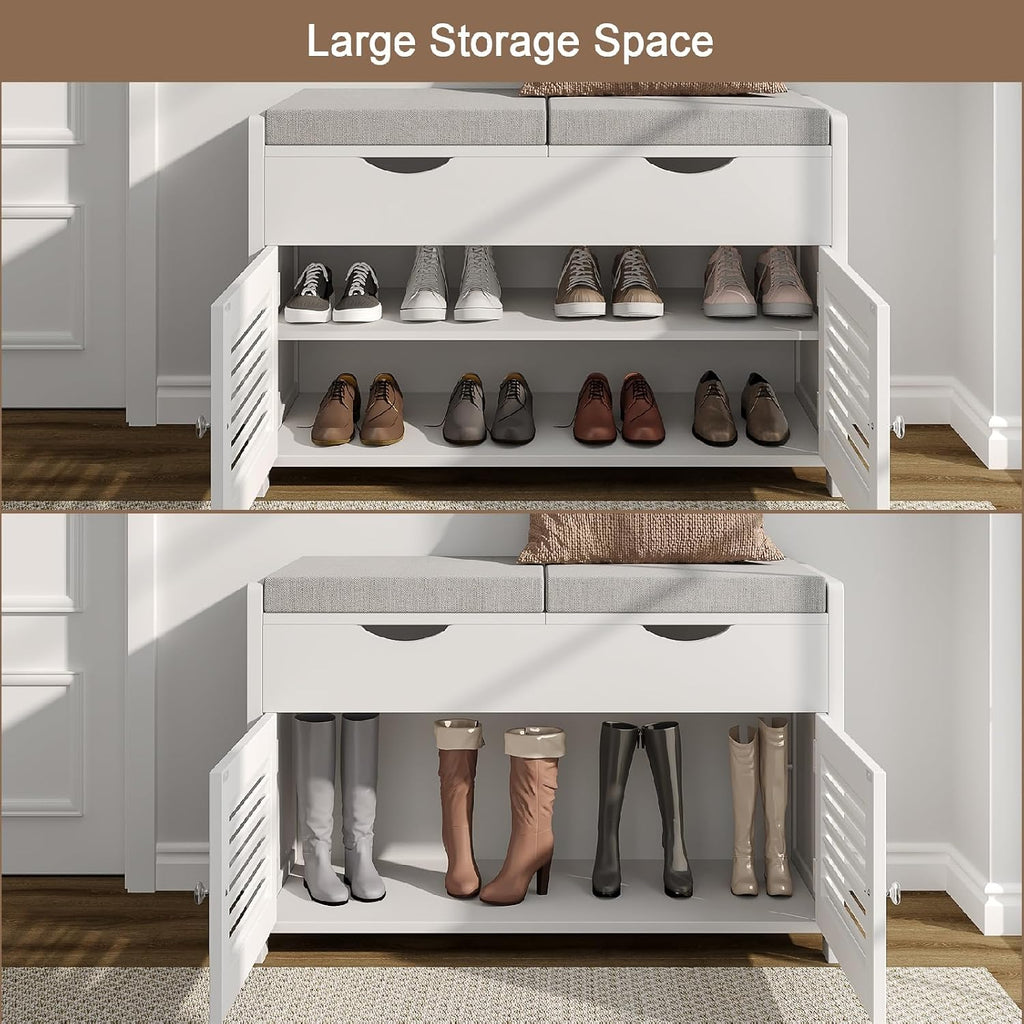 Choochoo Shoe Storage Bench With Lift Top Storage & Cushioned Seats | 29.5" Entryway Bench With 3 Compartments & Adjustable Shelf, For Entryway, White