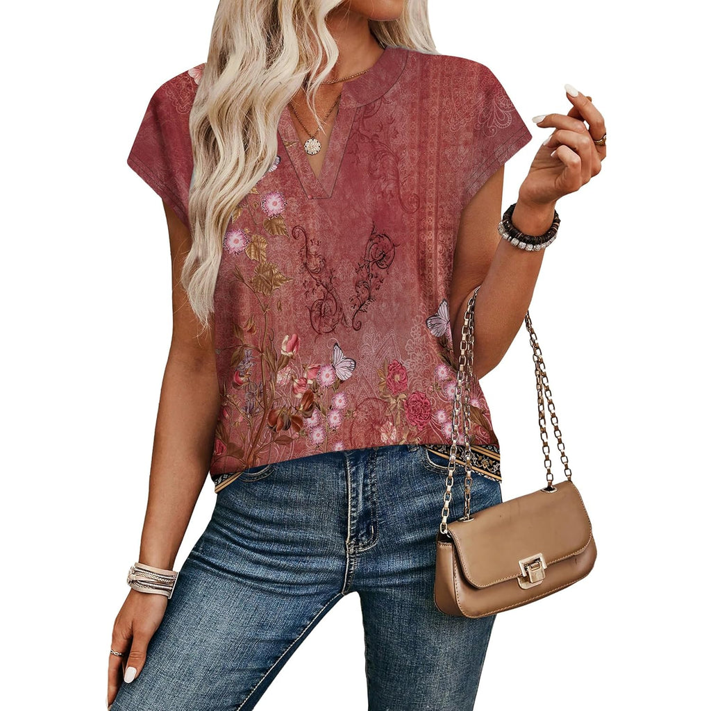 Womens Summer Tops V Neck T Shirts Cap Sleeve Business Casual Outfits Loose Fit Beach Vacation Clothes Basic Tees