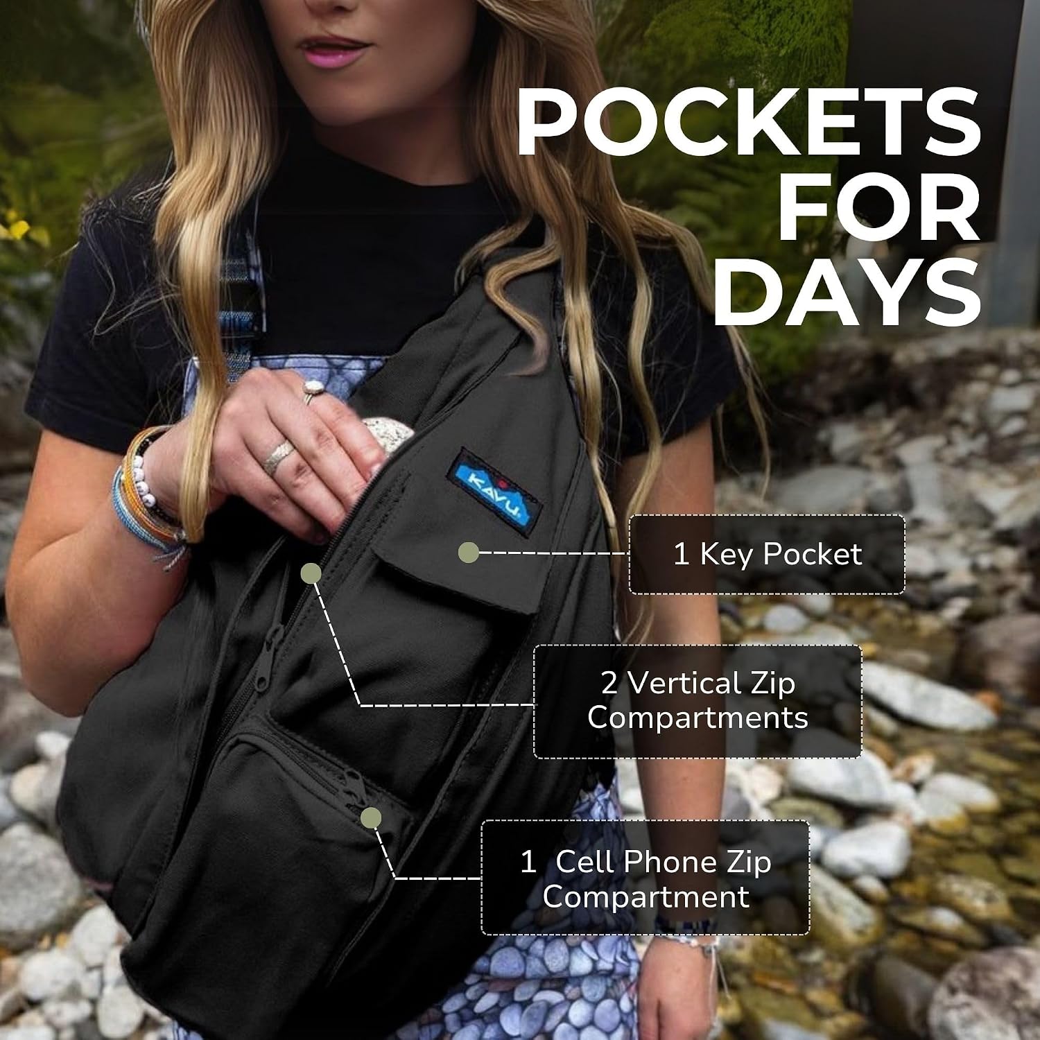 Kavu Rope Sling Bag - Large Crossbody Bags For Women & Men | Hands Free, Cross Body For Travel, Hiking & Everyday Carry, With Padded Back, Adjustable Rope Strap & Cotton Canvas