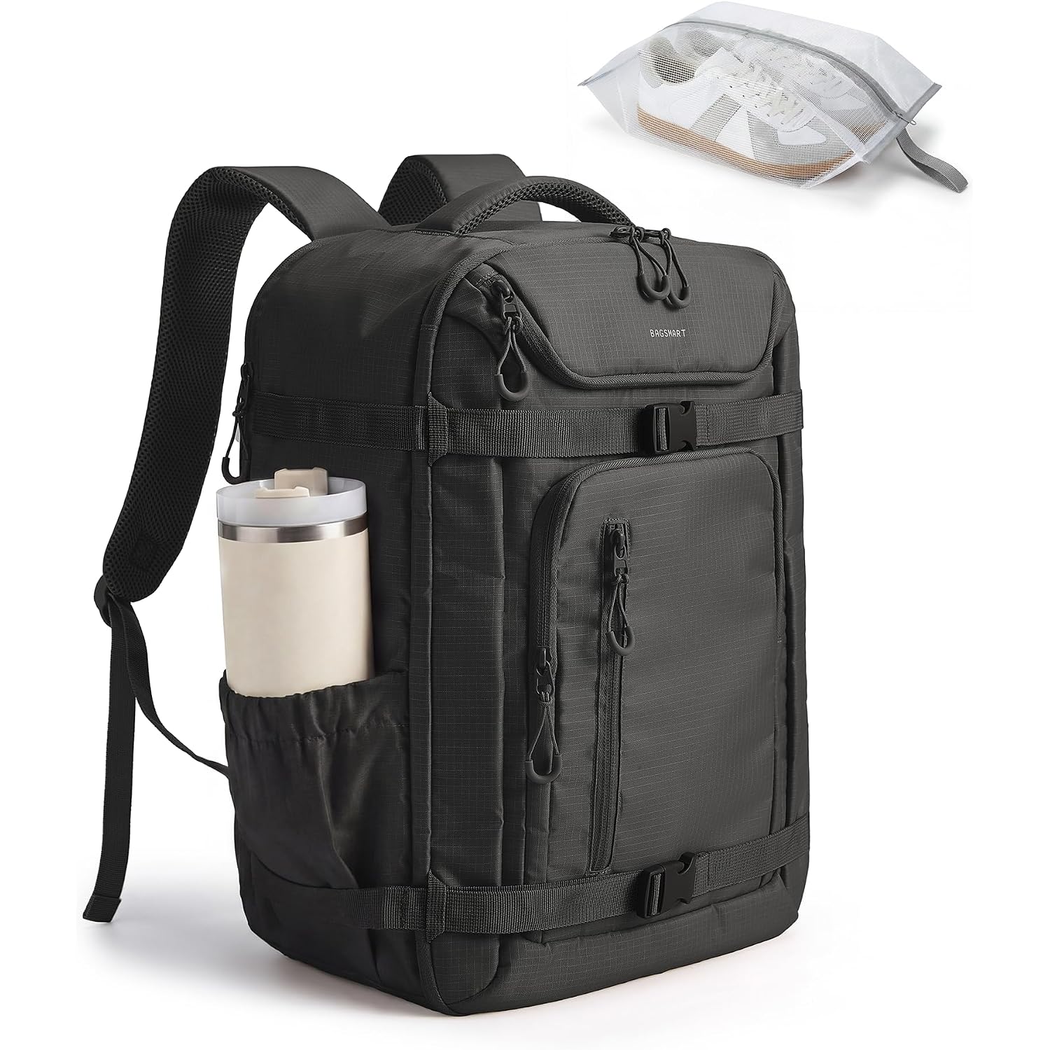 Bagsmart 35L Travel Backpack For Women & Men Fits 17-Inch Laptop, Airline Approved Carry On Backpack With Wet Pocket & Shoe Pouch, Water-Resistant Personal Item Travel Bag, Black