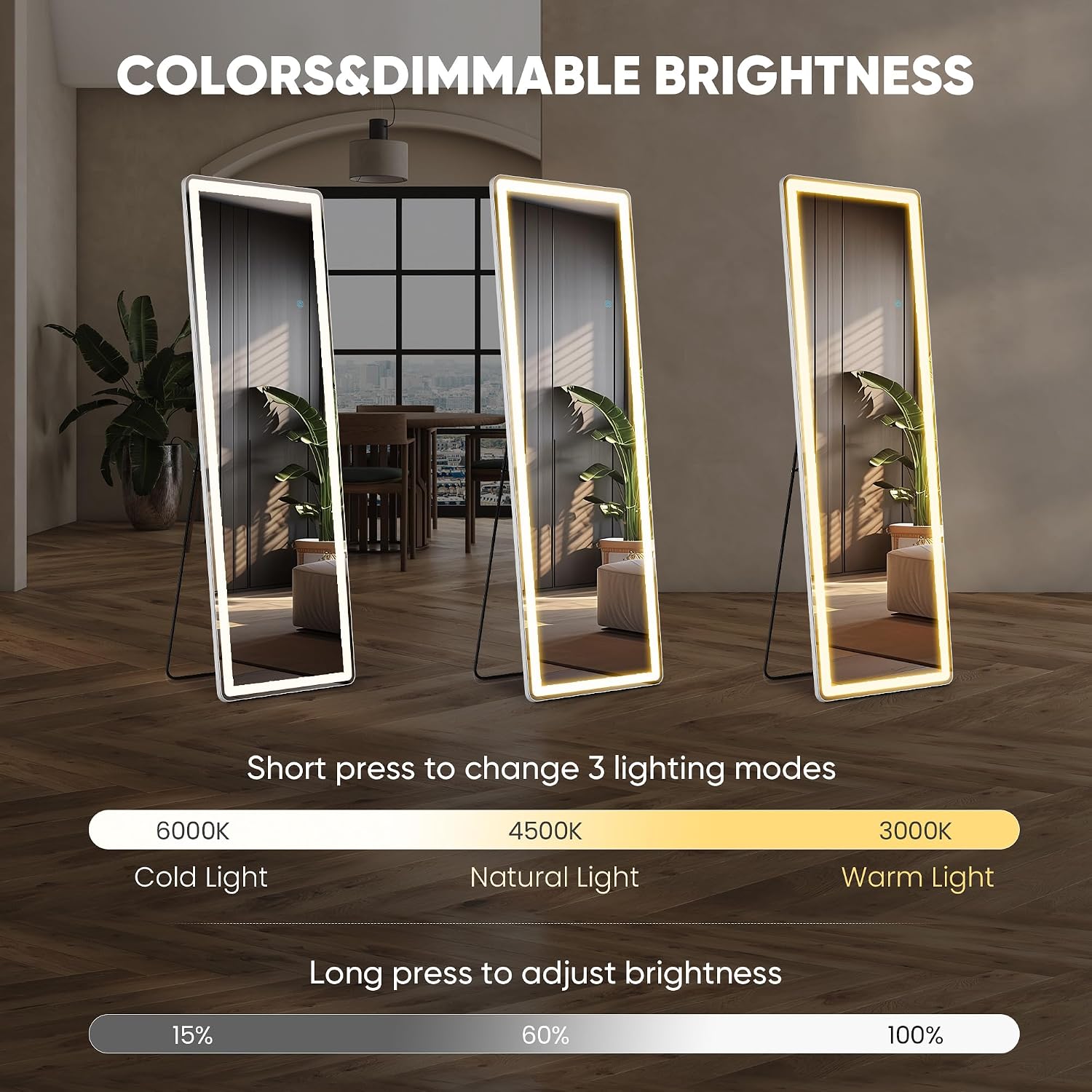 Dumos 16" X 60" Led Full Length Mirror With Lights, Lighted Floor Full Body Mirrors With 3 Color Lighting, Wall Mounted Stand Mirror For Bedroom, Dressing Room, Living Room, Bathroom