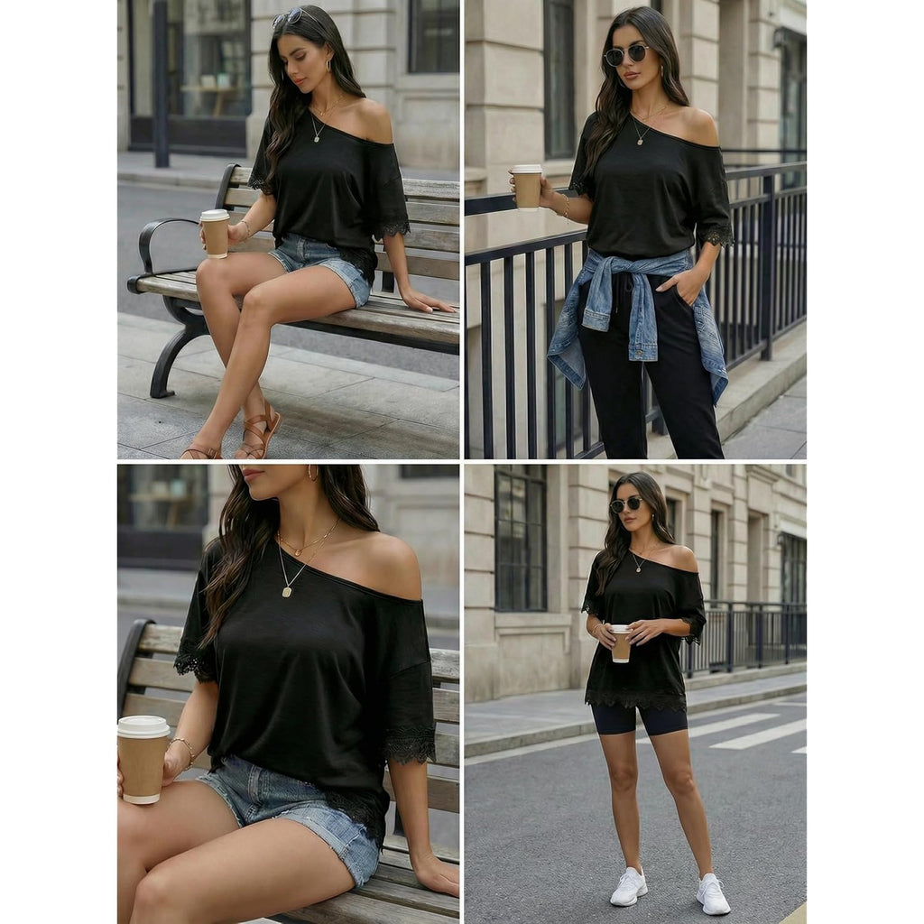 Womens Summer Tops 2026 Oversized Short Sleeve Shirts Casual Loose Lace Patchwork Tshirt Fashion Outfits
