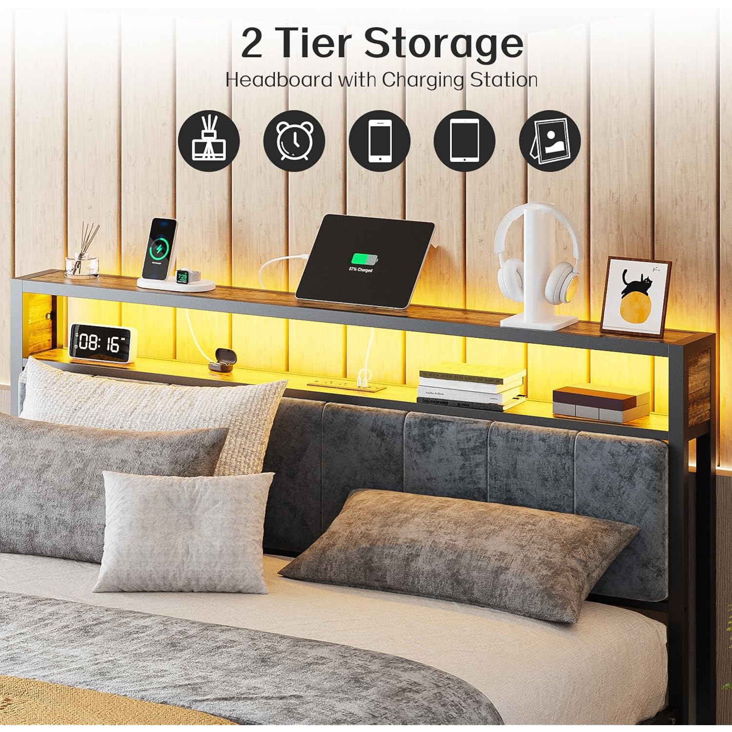Olevs King Bed Frame With Headboard, Metal Platform Bed King Size With 2-Tier Storage, Led Light & Charging Station Type C, No Box Spring Needed, Easy Assembly