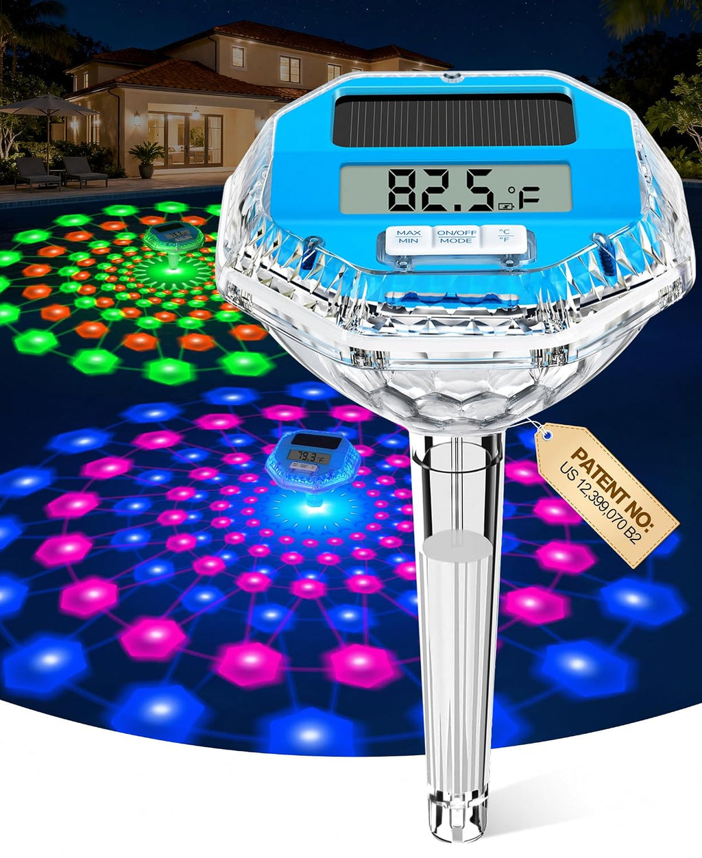 Luxblue 2026 Upgrade Solar Digital Pool Thermometer With Dynamic Light Show | Floating Pool Thermometer - Large Lcd Screen For Easy Read | Ip68 Waterproof Pools Temperature Gauge For Spa & Pond