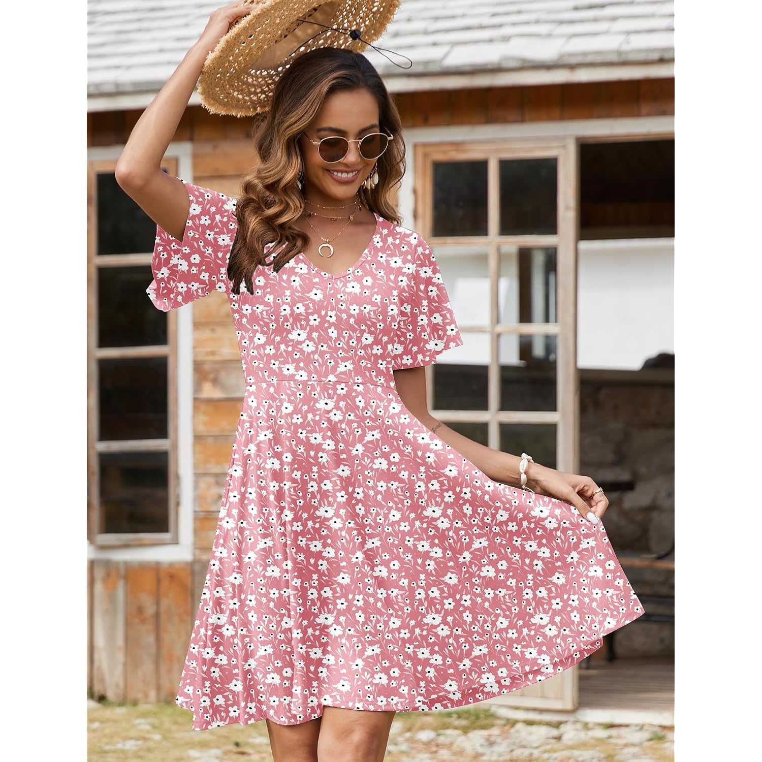Zeagoo Womens Summer Dress Casual Swing Sundresses Floral Ruffle Short Sleeve Wedding Guest Dress Beach Mini Dress 2026