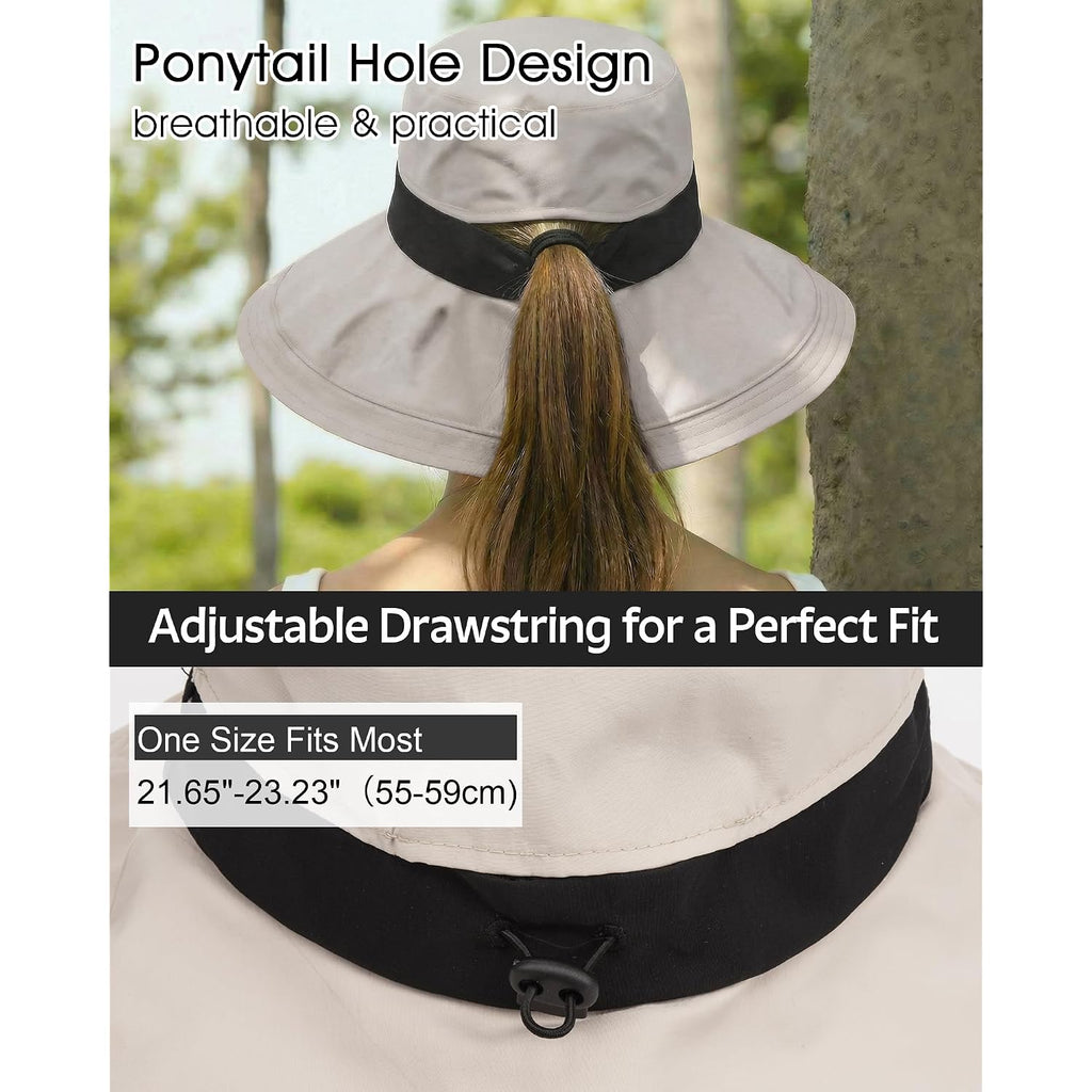 Sun Hats For Women Uv Protection, Waterproof Ponytail Wide Brim Bucket Hat For Summer Beach Gardening Travel