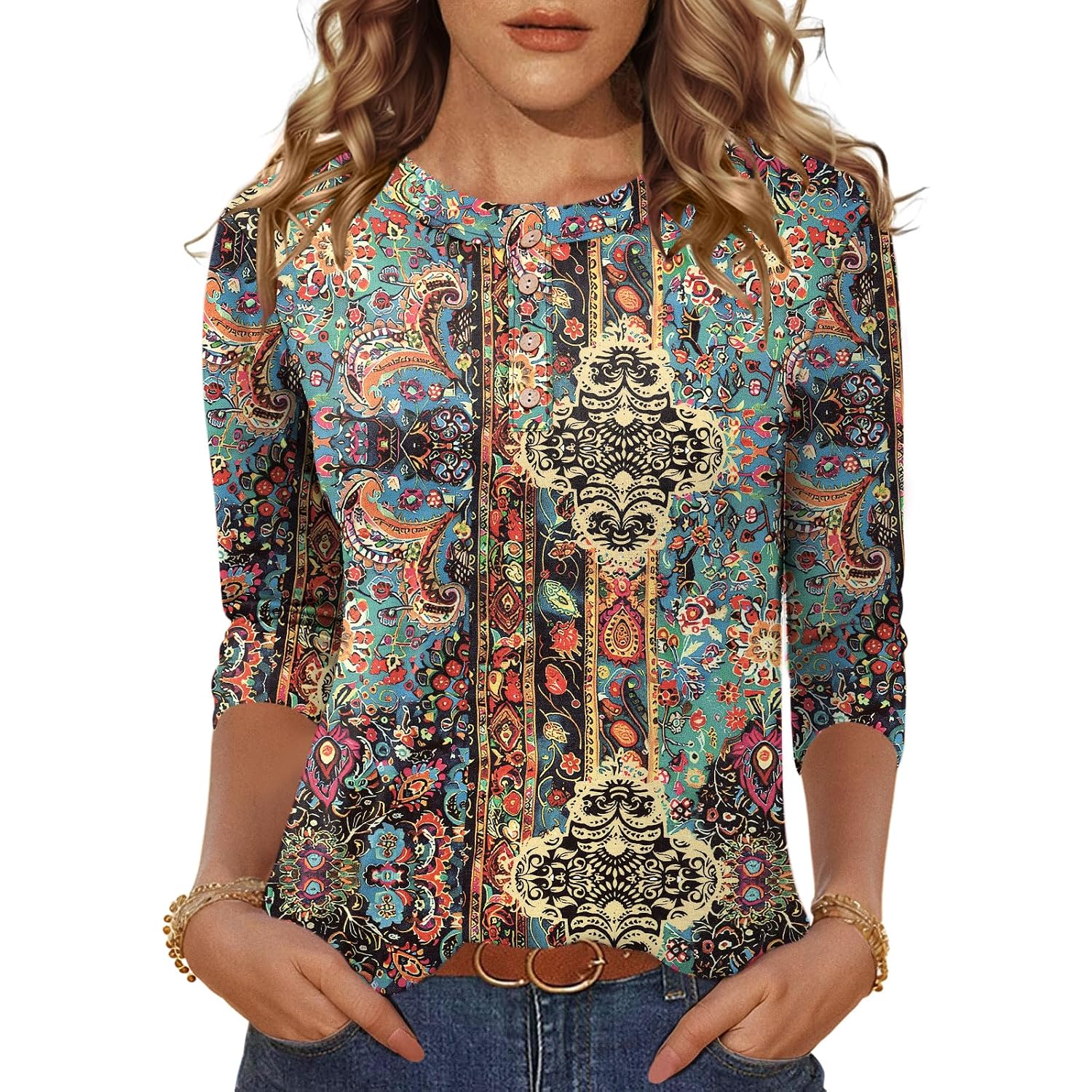 LOMON 3/4 Length Sleeve Womens Tops Casual Crewneck Pullover Tunics Summer Cute Blouses Fashion 2026