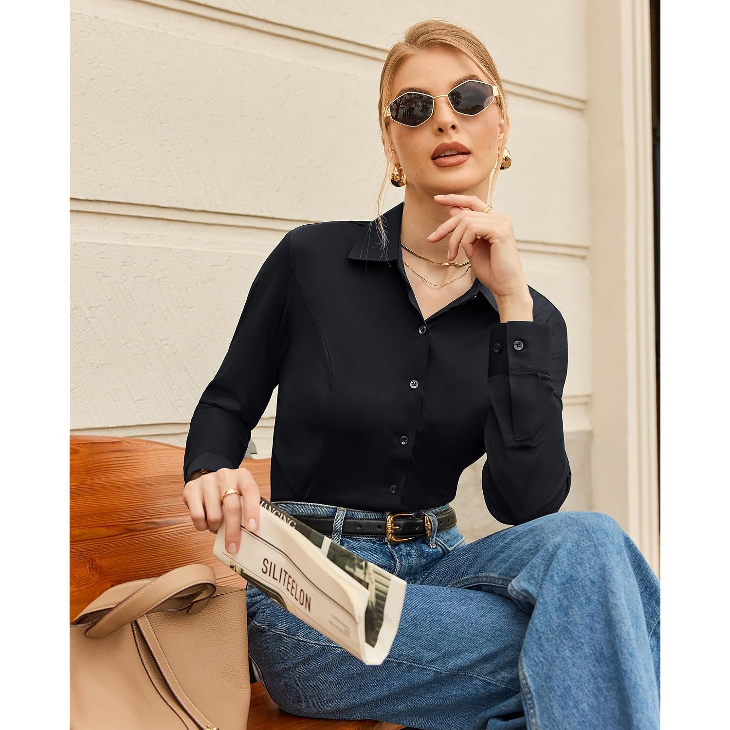 Siliteelon Womens Stretch Button Down Shirts Slim Fit Long Sleeve Dress Shirt Wrinkle Free Collared Business Work Blouse Top