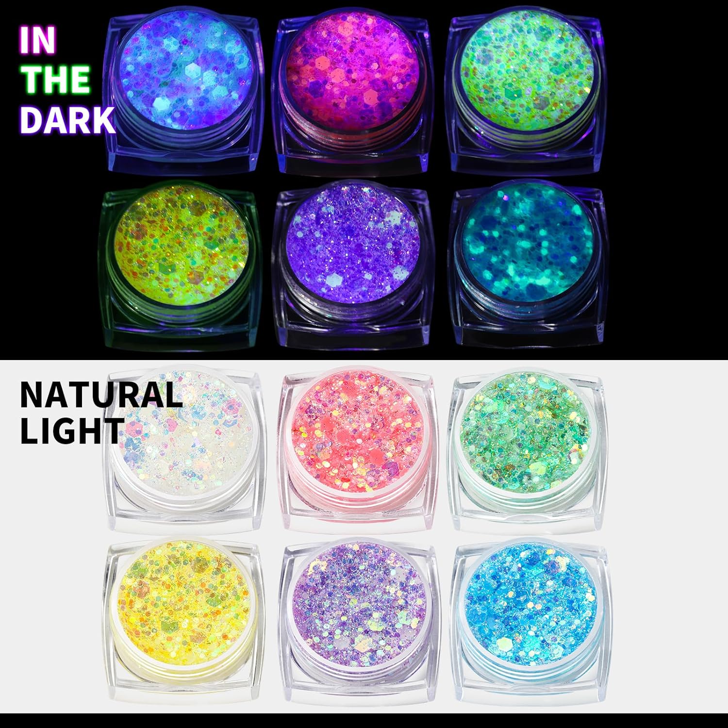 Teenitor 6 Colors Glow in The Dark Glitter Gel, Face Glitter Gel, Body Glitter Hair Glitter for Carnival Makeup UV Black Light Party Cheer Raves Festivals