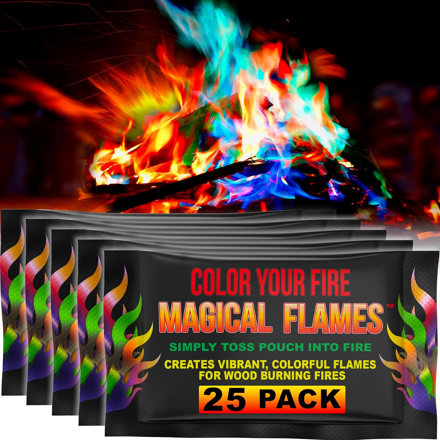 Fire Color Packets (25 Pack), Vibrant Multi-Color Fire For Fire Pits, Campfires, Bonfires & Fireplaces - Camping Essentials & Outdoor Party Accessories