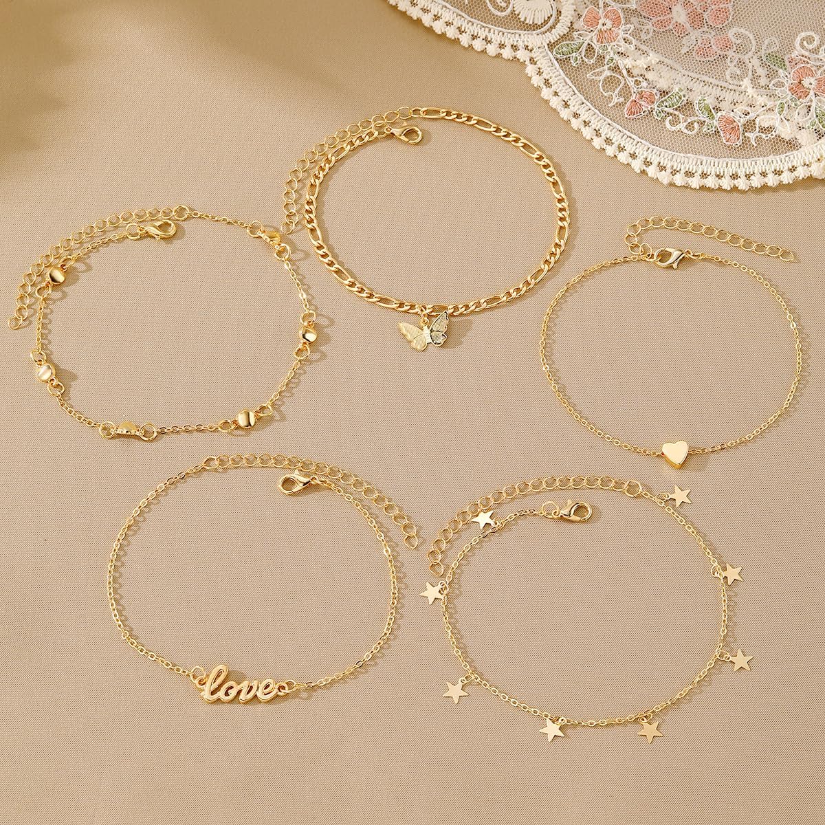 KISS WIFE Gold Anklets for Women, 14k Gold Plated Layered Cuban Figaro Link Chain Anklets Set, Dainty Waterproof Summer Beach Foot Jewelry (1)