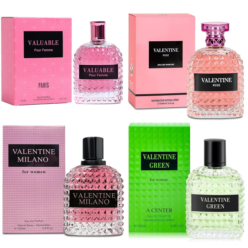 A CENTER 4PCS Perfume Set for Women - Floral Fragrance Gift Set with Vanilla,Sweet Fruity, Eau De Parfume| 3.4 Fl Oz Each Women's Cologne(Valentine Milano/Rose/Green,Valuable)