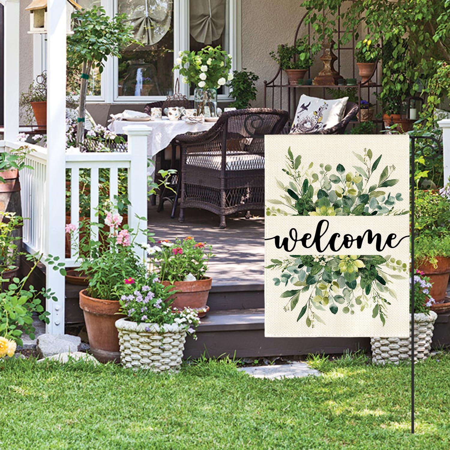 Avoin Colorlife Spring Summer Floral Welcome Garden Flag Outside 12X18 Inch | Double Sided, Weather & Fade Resistant, Yard Outdoor Decoration, All Season, Eucalyptus Greenery